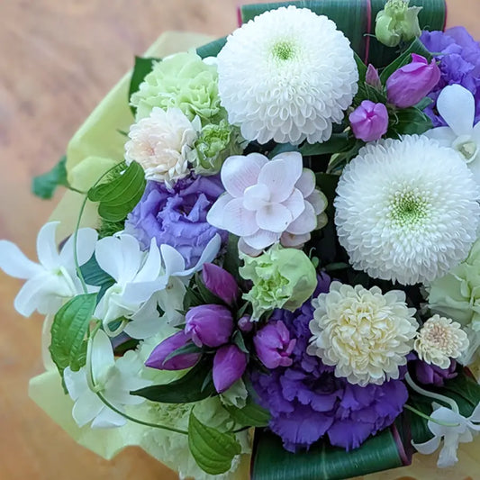 Autumn Sympathy & Memorial Arrangement – Medium White & Purple