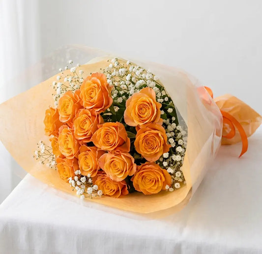 オレンジのバラとかすみ草の花束Lサイズ